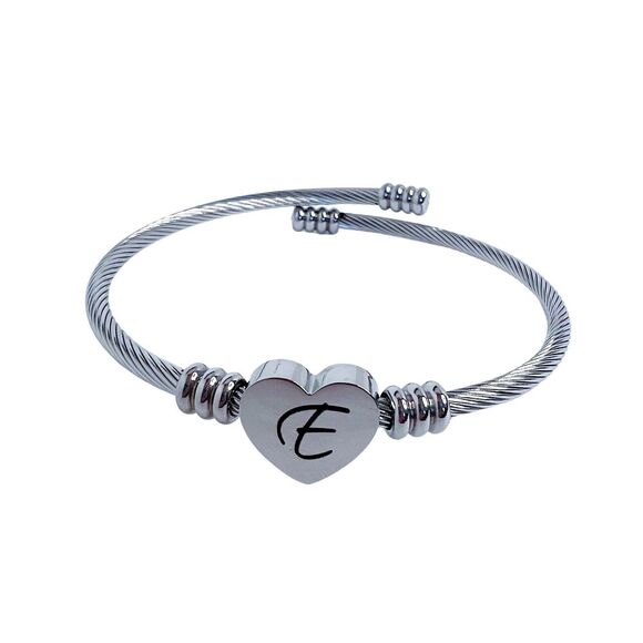 Heart Cable Letter E Initial Bracelet Silver Adjustable Cursive - Picture 1 of 3